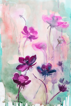  field flowers. spring Summer. background. watercolor. stems.