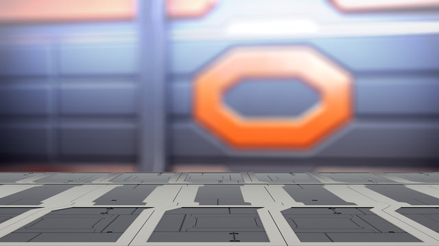 Closeup top steel table with Blur sci-fi Background 3d illustration