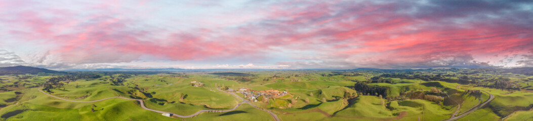 Beaufitul hills of New Zealand on a sunny winter day, aerial panorama