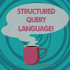 Writing note showing Structured Query Language. Business photo showcasing computer language for relational database Mug of Hot Coffee with Blank Color Speech Bubble Steam icon