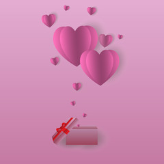 Valentine hearts with gift card box. Pink flying hearts on pink background. 