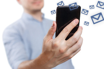 Hand holding black smartphone surrounded by mail signs, isolated on white background