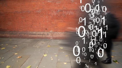 People as data. Men and women walking past the camera and overlaid with fast changing binary code. - Powered by Adobe