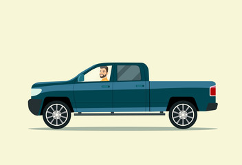 Fototapeta na wymiar Pickup truck with man isolated. Vector flat style illustration