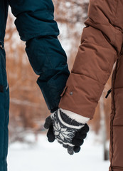 Two people in blue and brown jacket hold hands wearing gloves on the background of snow in the park