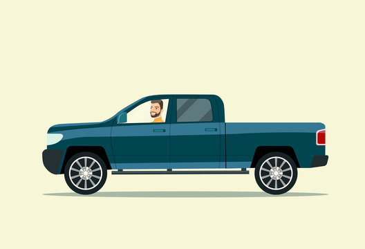 Pickup truck with man isolated.  Vector flat style illustration
