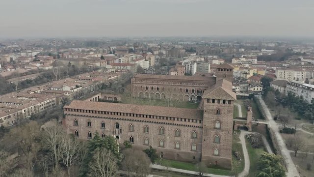Aerial view of Castello Visconteo or Visconti Castle in Pavia. Lombardy, Italy