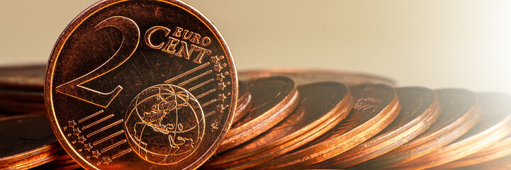 Stacks of Euro and Euro Cent Coins.  Web Banner.