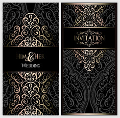 Wedding invitation card with black and gold shiny eastern and baroque rich foliage. Ornate islamic background for your design. Islam, Arabic, Indian, Dubai.