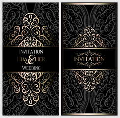 Wedding invitation card with black and gold shiny eastern and baroque rich foliage. Ornate islamic background for your design. Islam, Arabic, Indian, Dubai.
