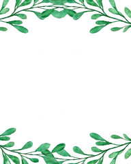 Beautiful watercolor decoration made of green hand drawn leaves with copy space, frame for invitations, print