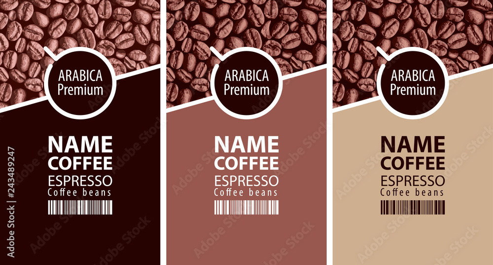 Poster vector set of three coffee bean labels. coffee labels with coffee cup and bar code on the background