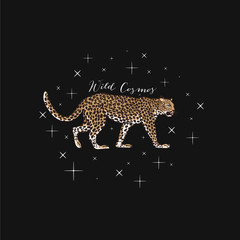 Wild cosmos slogan. Leopard with stars. Typography graphic print, fashion drawing for t-shirts. Vector stickers,print, patches vintage