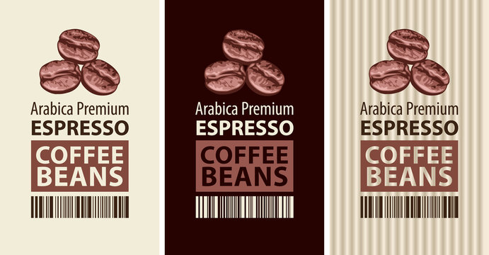 Vector set of coffee bean labels. Coffee labels with three coffee beans, barcode and text. Espresso