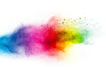 Color dust splash cloud on white background. Launched colorful particles on background.
