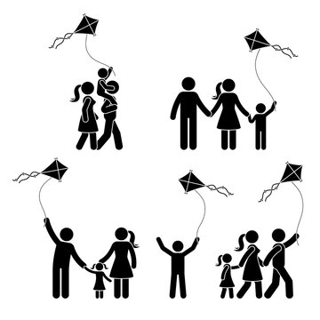 Stick figure happy active family with kite icon set. People spending time outdoor pictogram