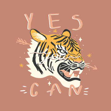 Lion head. Yes can slogan. Typography graphic print, fashion drawing for t-shirts. Vector stickers, print, patches vintage rock style