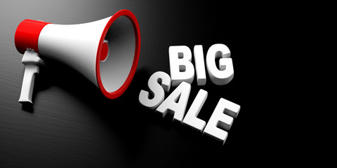 Text big sale and megaphone isolated on black background. 3d illustration