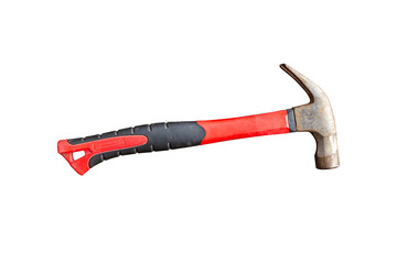rusty hammer with red handle isolated