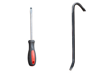 an old screwdriver and claw hammer isolated