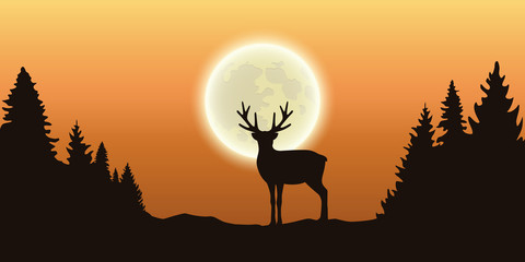 lonely reindeer in forest at full moon and orange sky vector illustration EPS10