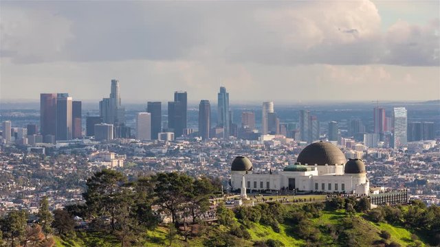 Downtown Los Angeles Skyline and Griffith Observatory Before Sunset Timelapse