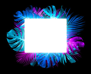 Summer tropical leaves and light box with copy space on black background trend neon style - Powered by Adobe