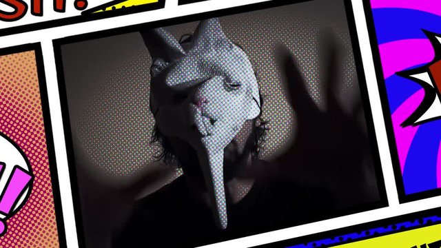 Inside a panel from a comic book page layout: an evil man (a crazy maniac) wearing a bunny mask coming close, his hands quickly grabbing the viewer. Scary horror shot.