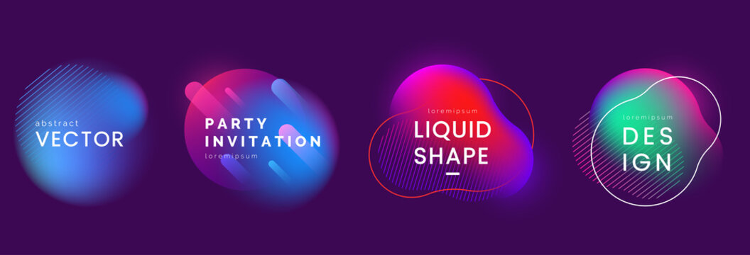 Set of abstract liquid banners in different neon colors. Modern fluid gradient elements with light effect. Abstract backgrounds for club party invitation, web, advertisement. Vector eps 10.