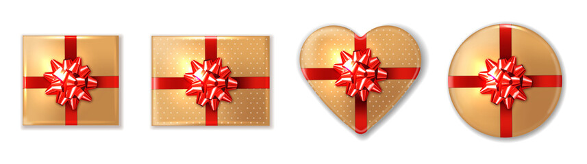 Obraz premium Golden giftbox set with red bow Vector realistic. Product placement mock up. Design packaging 3d illustrations