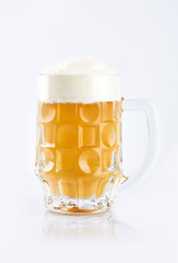 Mug and bottle of beer with green hops, wheat ears and grains on white background. Unfiltered beer. Alcoholic beverages. Hop.