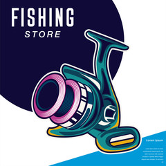 Fishing store advertisement retro poster, rod hooks and baits, big fish catch. Vector fisherman tackles. Pike, salmon or carp fishery and sport adventure. Vintage signboard - Vector