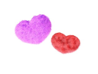 Fluffy heart. Fur plush heart on white background. Heart shape red fluffy soft pillow or cushion for Valentine's day or wedding day in love. 3d rendering.