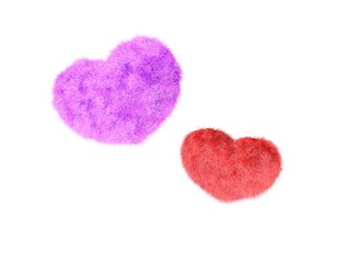 Fluffy heart. Fur plush heart on white background. Heart shape red fluffy soft pillow or cushion for Valentine's day or wedding day in love. 3d rendering.