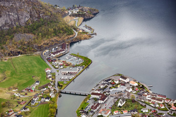 Obraz premium Aerial view of Aurlandsvangen village at Aurlandsfjord