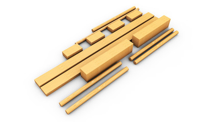 Sliced Lumber from the log. 3d illustration Stack of wooden bars