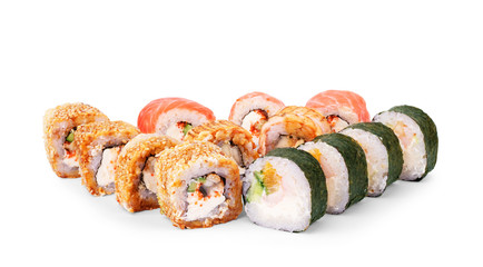 the sets of rolls of sushi collage a lot different on a white background in different colors for the menu