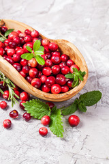 Harvest fresh red cranberries in wooden bowl, selective focus. Autumn concept