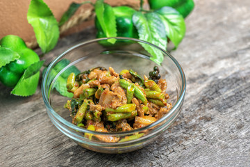 Stir fried Wild boar with red curry and spicy herbs, Thaifood Fried spicy boar.
