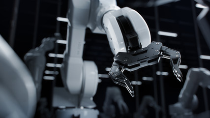 Industrial Concept: Close-up of New Generation AI  Robotic Arm Ready for Work on a Production Line....
