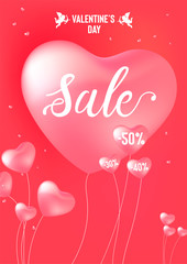 Fototapeta na wymiar Happy Valentine's Day sale banner with calligraphy text and red baloon hearts. Vector illustration