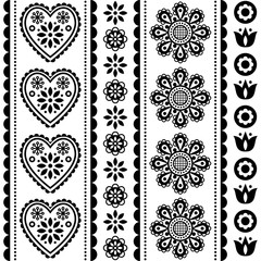 Skandynawski bezszwowy ludowej sztuki wektoru wzór z kwiatami i sercami, czarny i biały Nordic ornamentu projekt - dłudzy lampasy - 243500249