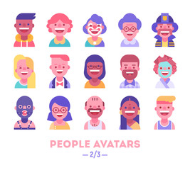 Set of vector avatars. Different skin tones, clothes and hair styles. Modern and clear flat style. Part 2 of 3. 