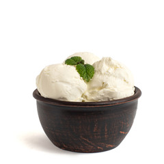 Bowl of vanilla ice cream isolated on white background