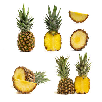 Fresh Whole And Cut Pineapple Isolated On White Background