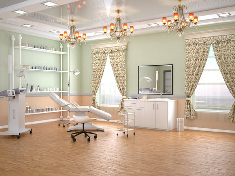 Cozy room with equipment in the clinic of dermatology and cosmetology. 3d illustration