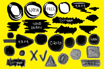 Grunge brush strokes. Text banners, speech bubbles for your message. Set of stains isolated on background. Hand drawn scribble. Dirty artistic design elements. Vector illustration