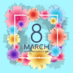 Bright blue floral greeting card for 8 March, happy womens day, mothers day. Tender background with cute multicolored flowers, square frame and text