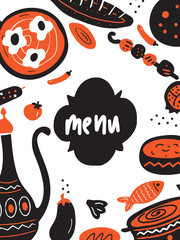 Funny doodle menu template with illustration of traditional middle eastern food. Vector.