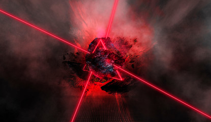 Abstract background with comet explosion. Thick smoke burning stone, laser beam, red neon. Cosmic explosion, neon light.